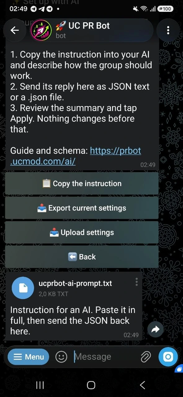 Kopieren Sie die Anleitung und senden Sie das JSON hierher zurück