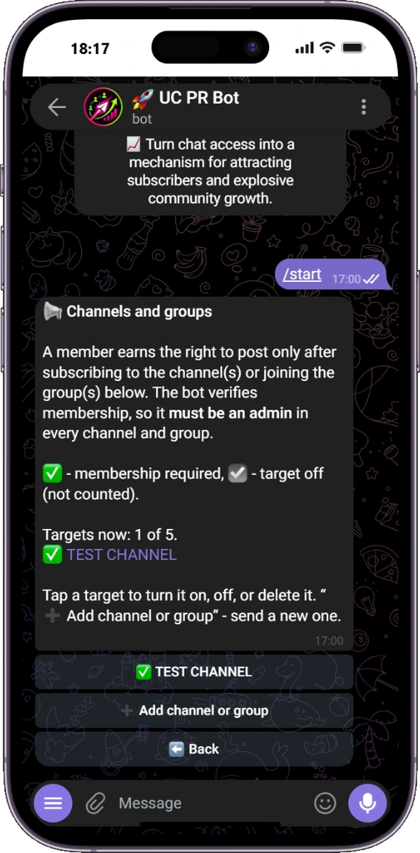 أضف حتى خمس قنوات أو مجموعات